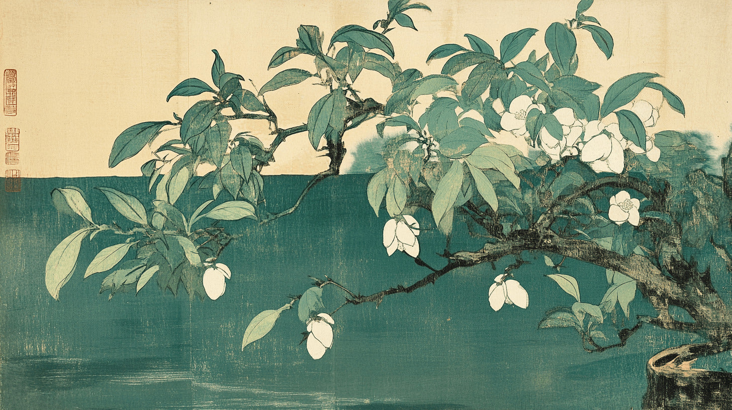 A matcha tea leaf, matcha powder, and a serene Japanese setting. The rich green color of the tea symbolizes its energy-boosting benefits, promoting focus and mental clarity without the crash.